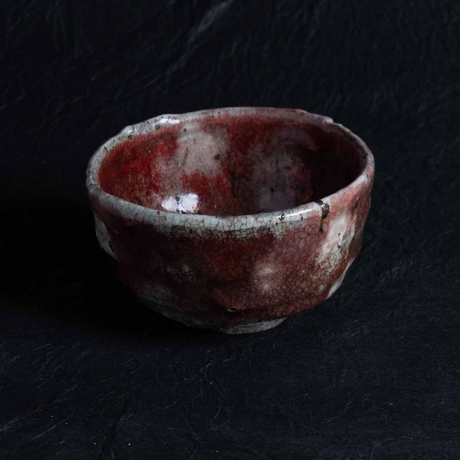 Yohen(Kiln-Changed) Cinnabar, Three-Color Glazed Tea Bowl, Shokeizan Pottery, Iwami Ware, Onsatsu Ware